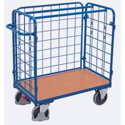 Dreiwandwagen, Stahl/MDF-Platte, Enzianblau/Buche-Dekor, L 850 x B 500 mm, Nutzhöhe 925 mm, einhängbare Längswand, EasySTOP, bis 400 kg