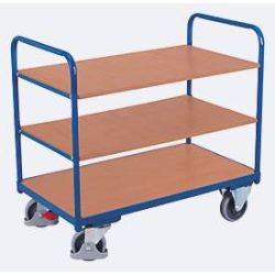 Etagenwagen, Stahl/MDF-Platte, Enzianblau/Buche-Dekor, 3 Etagen, 1000 x 600 mm, EasySTOP, bis 250 kg