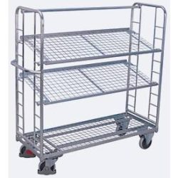 Etagenwagen, Stahl/Drahtgitter, silber, 3 Etagen, 1650 x 650 mm, 2 Stirnwände mit Rundstahlverstrebung, EasySTOP, bis 400 kg