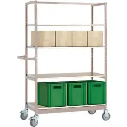 Etagenwagen VARIMOBIL, Stahlblech, 4 höhenverstellbare Holzböden, bis 250 kg, Tiefe 500 mm