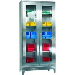 Edelstahl-Vitrinenschrank, 2-türig, 4 Einlegeböden, mit Füssen, B 1000 x T 400 x H 1950 mm
