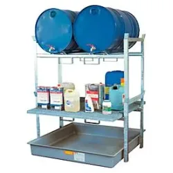 Fassregal Typ 800 Variante 4 CEMO, mit Fassauflage u. Auffangwanne, für 2 x 200 I-Fässer, Gitterostauflage, L 1410 x B 1280 x H 1620 mm