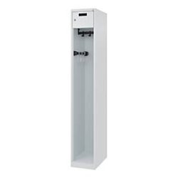 Feuerwehrspind C+P Evolo PRAKTUS, 1 Abteil, mit Sockel, Bodengleiter, B 300 x T 500 x H 1850 mm, RAL 7035 Lichtgrau
