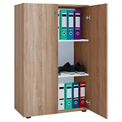 Flügeltürenschrank, aus Holz, 3 OH, Griffknöpfe, höhenverstellbare Fachböden, B 700 x T 400 x H 1050 mm, Sonoma Eiche