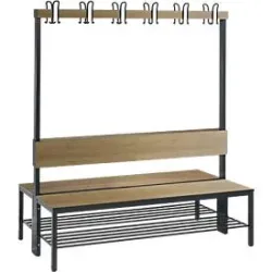 Garderobenbank Basic Plus, 2-seitig, Rückenlehne, mit Schuhrost, Fussgestell schwarzgrau RAL 7021, B 1500 mm, Dekor Eiche Ser.