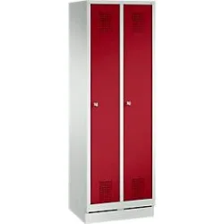 Garderobenspind Evolo S 3000, mit Sockel, 2 Abteile, Zylinderschloss, lichtgrau RAL 7035/rubinrot RAL 3003