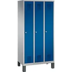 Garderobenspind Evolo S 3000, Stahl, 3 Abteile, Zylinderschloss, weissaluminium RAL 9006/enzianblau RAL 5010