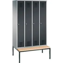 Garderobenspind Evolo S 3000, Stahl, m. untergeb. Sitzbank, 4 Abteile m. jew. B 300 mm, Zylinderschloss, weissaluminium RAL 9006/anthrazit RAL 7016