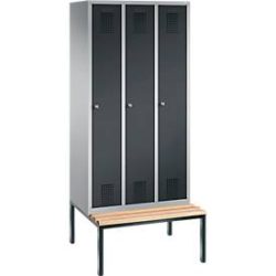 Garderobenspind Evolo S 3000, Stahl, m. untergeb. Sitzbank, 3 Abteile m. jew. B 300 mm, Zylinderschloss, weissaluminium RAL 9006/anthrazit RAL 7016
