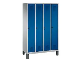 Garderobenspind Evolo S 3000, Stahl, mit Füssen, 4 Abteile mit jeweils B 300 mm, Drehriegel, weissaluminium RAL 9006/enzianblau RAL 5010