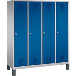 Garderobenspind Evolo S 3000, Stahl, mit Füssen, 4 Abteile mit jeweils B 400 mm, Zylinderschloss, weissaluminium RAL 9006/enzianblau RAL 5010