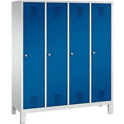 Garderobenspind Evolo S 3000, Stahl, mit Füssen, 4 Abteile mit jeweils B 400 mm, Zylinderschloss, lichtgrau RAL 7035/enzianblau RAL 5010