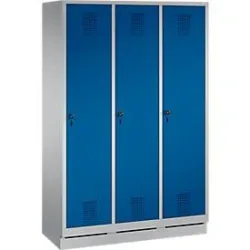 Garderobenspind Evolo S 3000, Stahl, mit Sockel, 3 Abteile mit jeweils B 400 mm, Drehriegel, weissaluminium RAL 9006/enzianblau RAL 5010