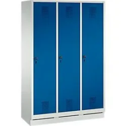 Garderobenspind Evolo S 3000, Stahl, mit Sockel, 3 Abteile mit jeweils B 400 mm, Drehriegel, lichtgrau RAL 7035/enzianblau RAL 5010