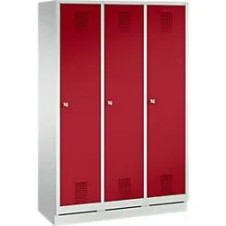 Garderobenspind Evolo S 3000, Stahl, mit Sockel, 3 Abteile mit jeweils B 400 mm, Zylinderschloss, lichtgrau RAL 7035/rubinrot RAL 3003