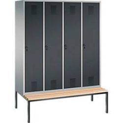 Garderobenspind Evolo S 3000, Stahl, Sitzbank, 4 Abteile mit jew. B 400 mm, Drehriegel, weissaluminium RAL 9006/anthrazit RAL 7016