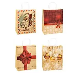 Geschenktüten Weihnachten TSI Serie 4, 4 verschiedene Motive, gross, B 260 x T 135 x H 320 mm, 100 % recycelbar, Kraftpapier, beige-rot, 12 Stück
