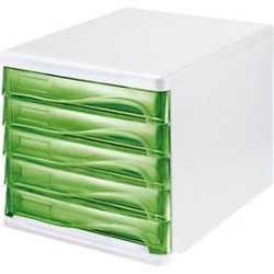 helit Schubladenbox, 5 Schübe, DIN A4, Polypropylen, Gehäuse weiss/Schublade grün transparent