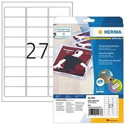 Herma Sicherheitsetiketten 4233, fälschungssicher, extrem robust, selbstklebend, B 29,6 x 63,5 mm, 675 Stück/25 A4-Bogen, Spezialfolie, weiss
