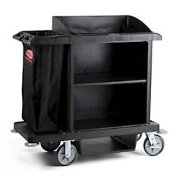 Hotelwagen Rubbermaid®, mittelgross, Schrank mit verstellbarem Zwischenboden, Staubsaugerhalterung, Beutelhalter & Haken, Laufrollen mit Festesteller