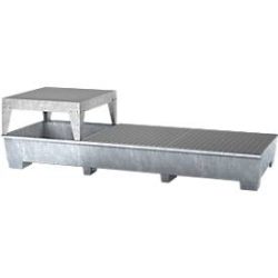 IBC-Station ASECOS, Stahl, mit Gitterrost, Abfüllblock u. Staplerschuhen, 1000 l Auffangvolumen, B 3280 x T 1300 x H 820 mm, verzinkt