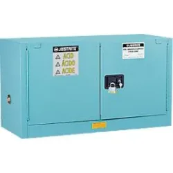 Justrite FM-Chemikalienschrank Piggyback Sure-Grip® EX, für Ätzmittel, bis 45 Liter, manuell schliessende Türen, blau