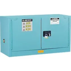 Justrite FM-Chemikalienschrank Piggyback Sure-Grip® EX, für Ätzmittel, bis 45 Liter, selbstschliessende Türen, blau