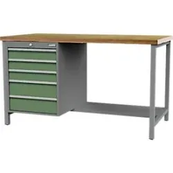 Kastenwerkbank Bedrunka+Hirth, Buche-Multiplex-Arbeitsplatte, 5 Schübe & halber Fachboden, abschliessbar, bis 1000 kg, B 1500 x T 750 x H 859 mm