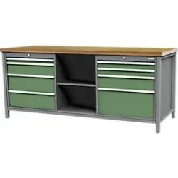 Kastenwerkbank Bedrunka+Hirth, Buche-Multiplex-Arbeitsplatte, 8 Schübe + Stauraum mit Fachboden, abschliessbar, bis 1000 kg, B 2000 x T 750 x H 859 mm