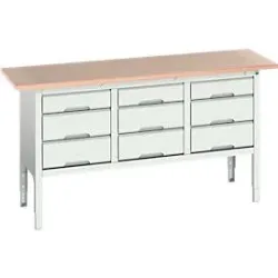 Kastenwerkbank Boot verso, mit Multiplex-Platte, 9 Schubladen, B 1750 x T 600 x H 830 - 930 mm, RAL 7035 Lichtgrau