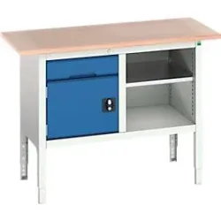Kastenwerkbank Bott verso, mit Multiplex-Platte, 1 Schublade & 1 Ablageboden & 1 Tür, B 1250 x T 600 x H 830 - 930 mm, Lichtgrau / Enzianblau
