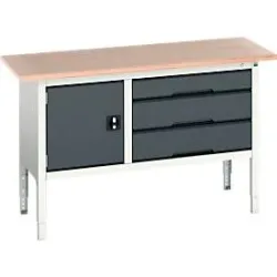 Kastenwerkbank Bott verso, mit Multiplex-Platte, 3 Schubladen & 1 Tür, B 1500 x T 600 x H 830 - 930 mm, Lichtgrau RAL 7035 / Anthrazitgrau RAL 7016