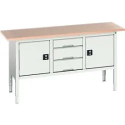 Kastenwerkbank Bott verso, mit Multiplex-Platte, 3 Schubladen & 2 Türen, B 1750 x T 600 x H 830 - 930 mm, RAL 7035 Lichtgrau