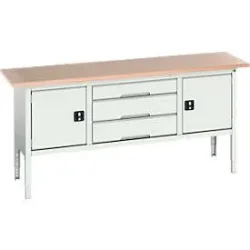 Kastenwerkbank Bott verso, mit Multiplex-Platte, 3 Schubladen & 2 Türen, B 2000 x T 600 x H 830 - 930 mm, Lichtgrau RAL 7035