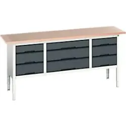 Kastenwerkbank Bott verso, mit Multiplex-Platte, 9 Schubladen, B 2000 x T 600 x H 830 - 930 mm, Lichtgrau RAL 7035 /6 Anthrazitgrau RAL 701
