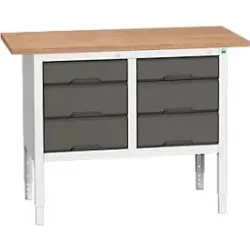 Kastenwerkbank Bott verso, Multiplex-Platte, 6 Schubladen, B 1250 x T 600 x H 830 - 930 mm, RAL 7035 Lichtgrau / Anthrazitgrau