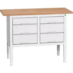 Kastenwerkbank Bott verso, Multiplex-Platte, 6 Schubladen, B 1250 x T 600 x H 830 - 930 mm, RAL 7035 Lichtgrau