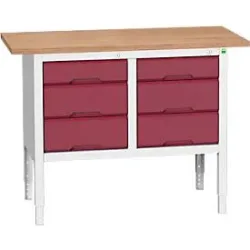 Kastenwerkbank Bott verso, Multiplex-Platte, 6 Schubladen, B 1250 x T 600 x H 830 - 930 mm, RAL 7035 Lichtgrau / Purpurrot