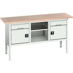 Kastenwerkbank Bott verso, Multiplex-Platte, 2 Schubladen, 1 Ablageboden, 2 Türen, B 1750 x T 600 x H 830 - 930 mm, Lichtgrau