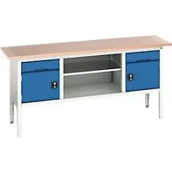 Kastenwerkbank Bott verso, Multiplex-Platte, 2 Schubladen, 2 Türen, 1 Ablageboden, B 2000 x T 600 x H 830 - 930 mm, Lichtgrau / Enzianblau