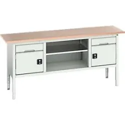 Kastenwerkbank Bott verso, Multiplex-Platte, 2 Schubladen, 2 Türen, 1 Ablageboden, B 2000 x T 600 x H 830 - 930 mm, Lichtgrau