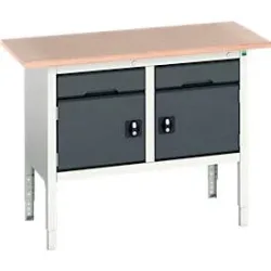 Kastenwerkbank Bott verso, Multiplex-Platte, 2 Schubladen und 2 Türen, B 1500 x T 600 x H 830 - 930 mm, RAL 7035 Lichtgrau / Anthrazitgrau
