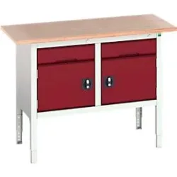 Kastenwerkbank Bott verso, Multiplex-Platte, 2 Schubladen und 2 Türen, B 1500 x T 600 x H 830 - 930 mm, RAL 7035 Lichtgrau / Purpurrot