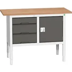 Kastenwerkbank Bott verso, Multiplex-Platte, 3 Schubladen & 1 Tür, B 1250 x T 600 x H 830 - 930 mm, RAL 7035 Lichtgrau / Anthrazitgrau