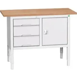 Kastenwerkbank Bott verso, Multiplex-Platte, 3 Schubladen & 1 Tür, B 1250 x T 600 x H 830 - 930 mm, RAL 7035 Lichtgrau