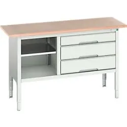 Kastenwerkbank Bott verso, Multiplex-Platte, 3 Schubladen & 1 Ablageboden, B 1500 x T 600 x H 830 - 930 mm, RAL 7035 Lichtgrau