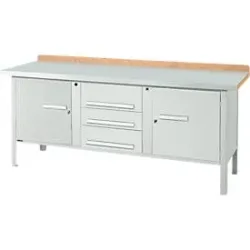 Kastenwerkbank Schäfer Shop Select PW 200-4, Buche Multiplexplatte, mit Stahlabdeckung, bis 750 kg, B 2000 x T 700 x H 840 mm, Lichtgrau