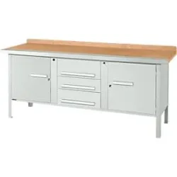 Kastenwerkbank Schäfer Shop Select PW 200-4, Buche Multiplexplatte, mit Stahlkante, bis 750 kg, B 2000 x T 700 x H 840 mm, Lichtgrau