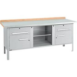 Kastenwerkbank Schäfer Shop Select PW 200-0, Buche Multiplexplatte, mit Stahlabdeckung, bis 750 kg, B 2000 x T 700 x H 840 mm, Weissaluminium
