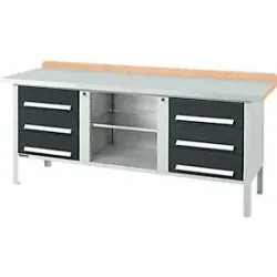 Kastenwerkbank Schäfer Shop Select PW 200-2, Buche Multiplexplatte, mit Stahlabdeckung, bis 750 kg, B 2000 x T 700 x H 840 mm, Anthrazit
